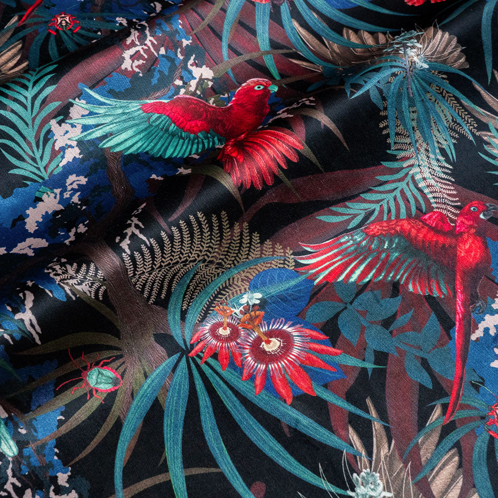 Rainforest Rush black red and gold tropical bird print designer velvet fabric by Becca Who, with exotic bugs and flowers