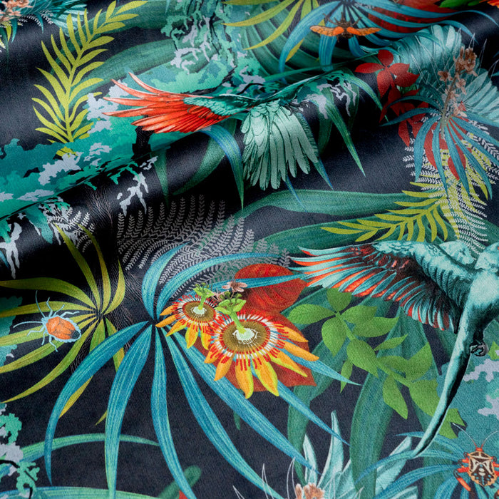 Rainforest Rush colourful tropical bird print designer velvet fabric on dark blue by Becca Who, with exotic bugs and flowers