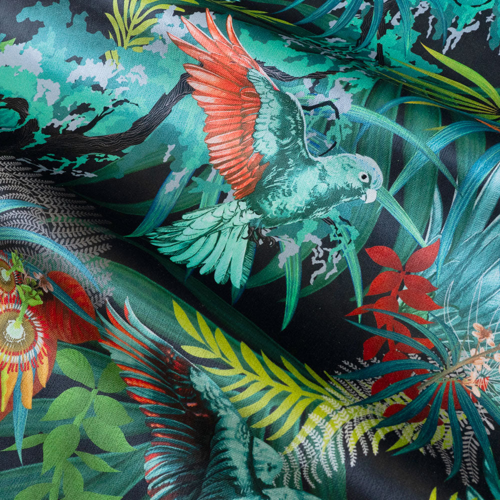 Close-up of the tropical Macaw birds on Rainforest Rush colourful patterned velvet upholstery fabric