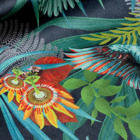Soft velvet pile and fine print detail on colourful tropical bird print fabric