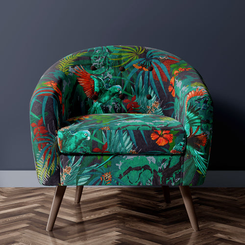 Tropical Jungle Print Upholstery Fabric on Chair by Designer, Becca Who