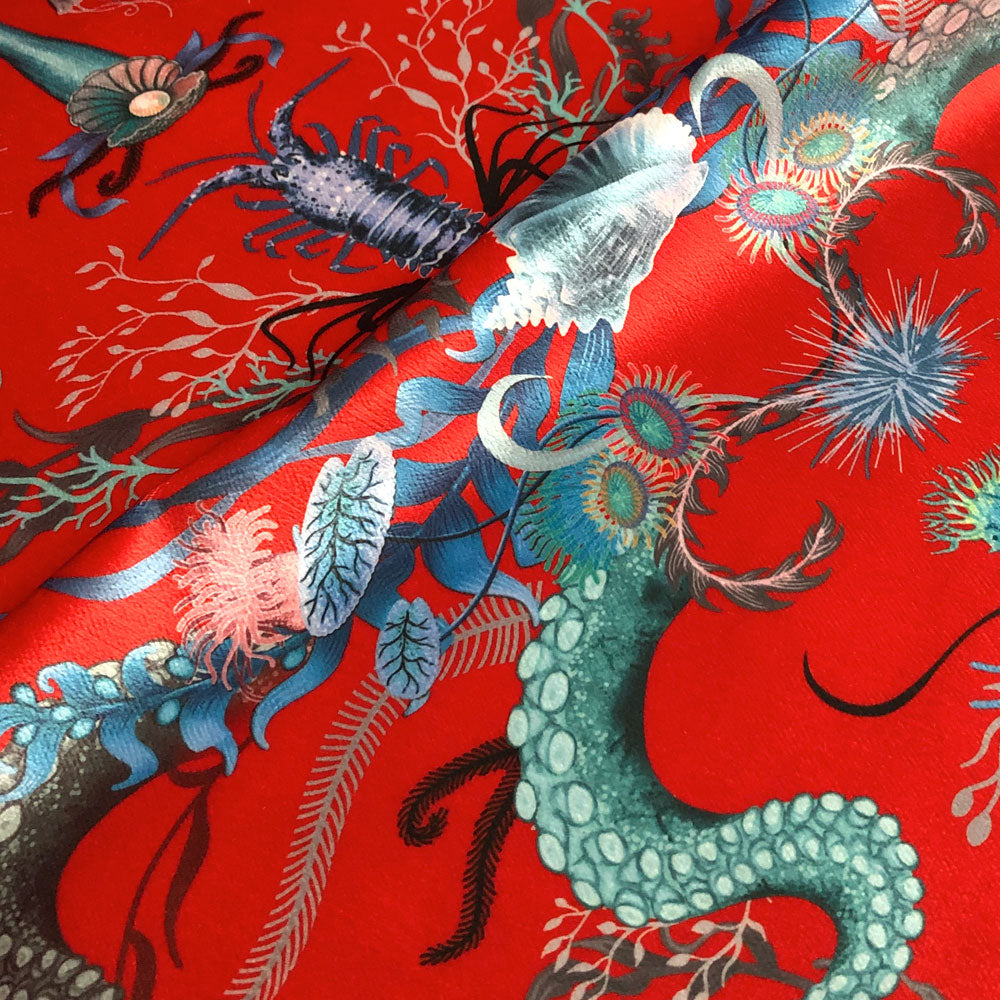 Bright Red Ocean Patterned Velvet Fabric for Coastal Interiors by Designer, Becca Who