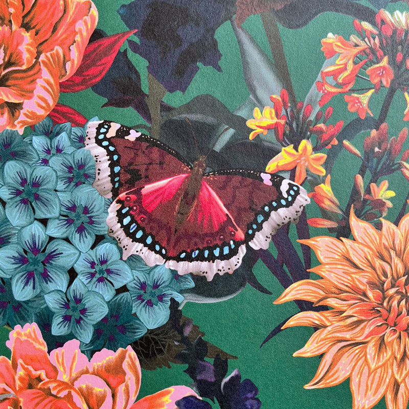 Bold, Colourful Patterned Floral Wallpaper on Green by Designer, Becca Who 