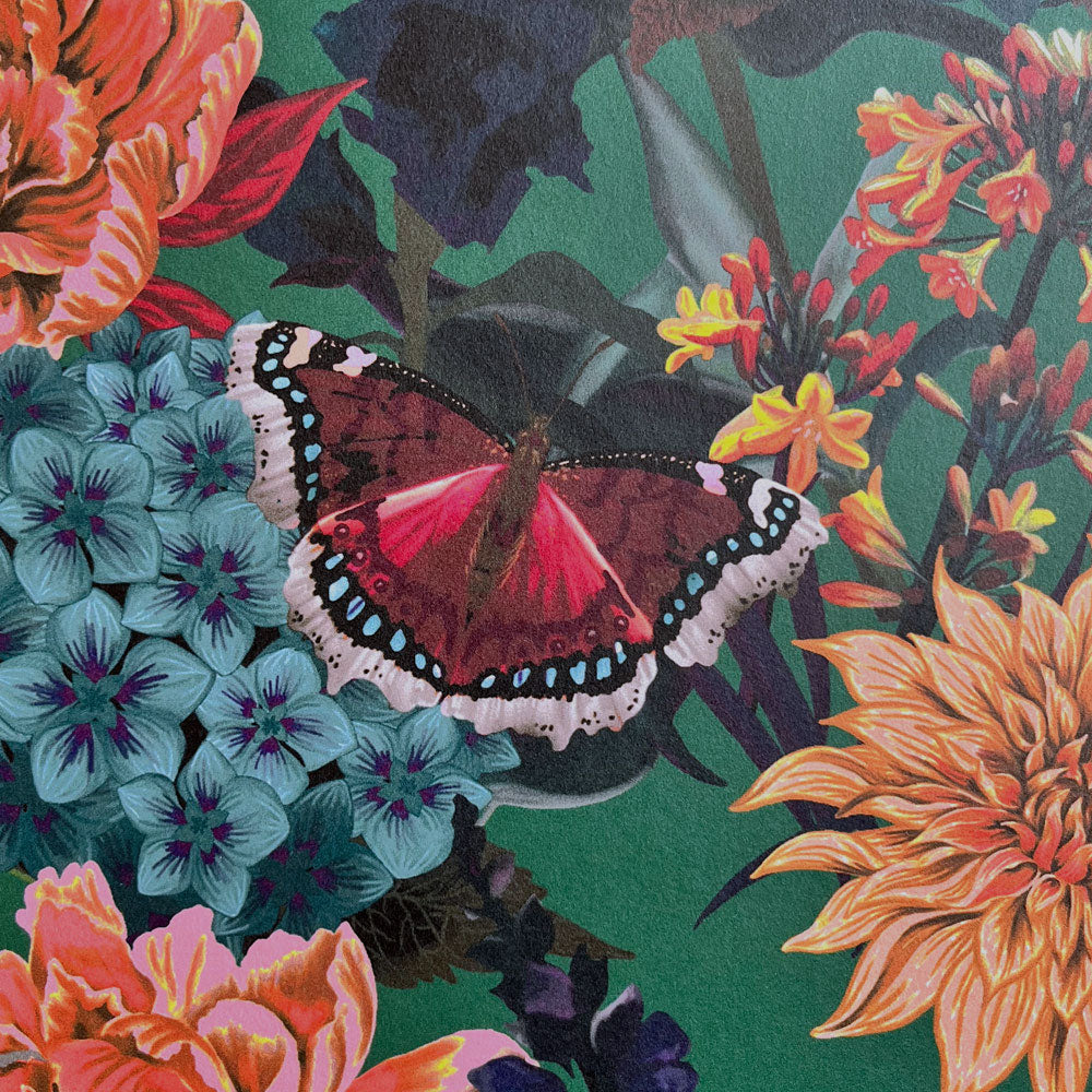 Bold, Colourful Patterned Floral Wallpaper on Green by Designer, Becca Who 