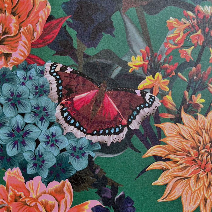 Bold, Colourful Patterned Floral Wallpaper on Green by Designer, Becca Who 
