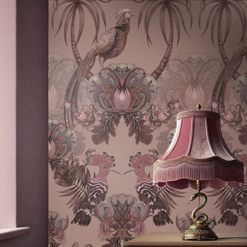 Blush Pink & Chocolate Luxury Statement Bedroom Wallpaper with Large Floral & Birds Pattern