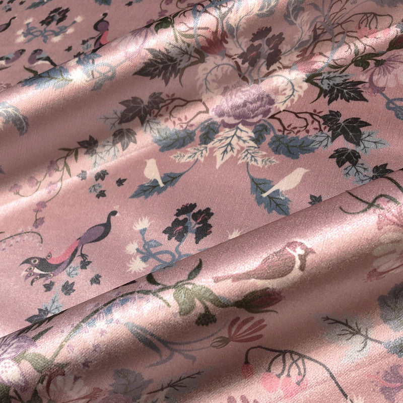 Pale Pink Birds Floral Patterned Velvet Fabric for Soft Furnishings by Designer, Becca Who