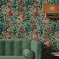 Sage Green Heavy Floral Vintage Style Wallpaper