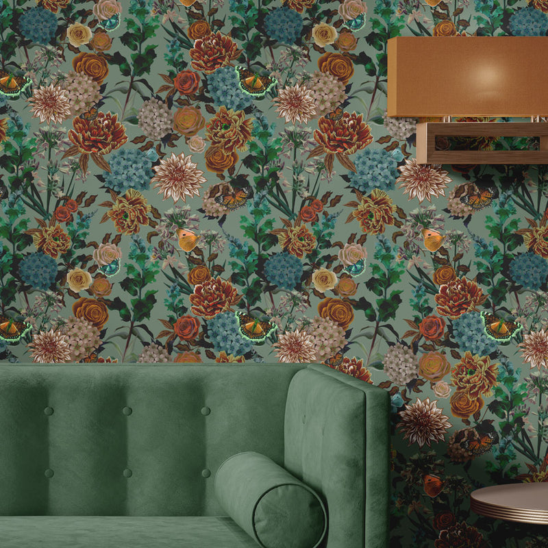 Sage Green Heavy Floral Vintage Style Wallpaper