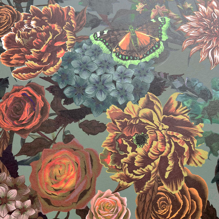Sage Green Heavy Floral Luxury Wallpaper by UK Designer, Becca Who