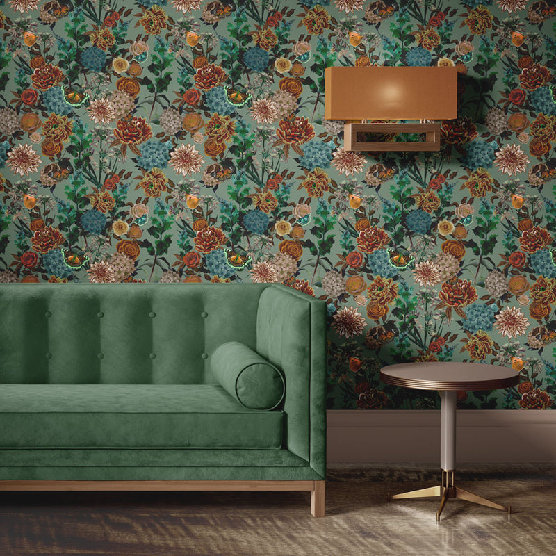 Green Floral Vintage Inspired Wallpaper by Designer, Becca Who