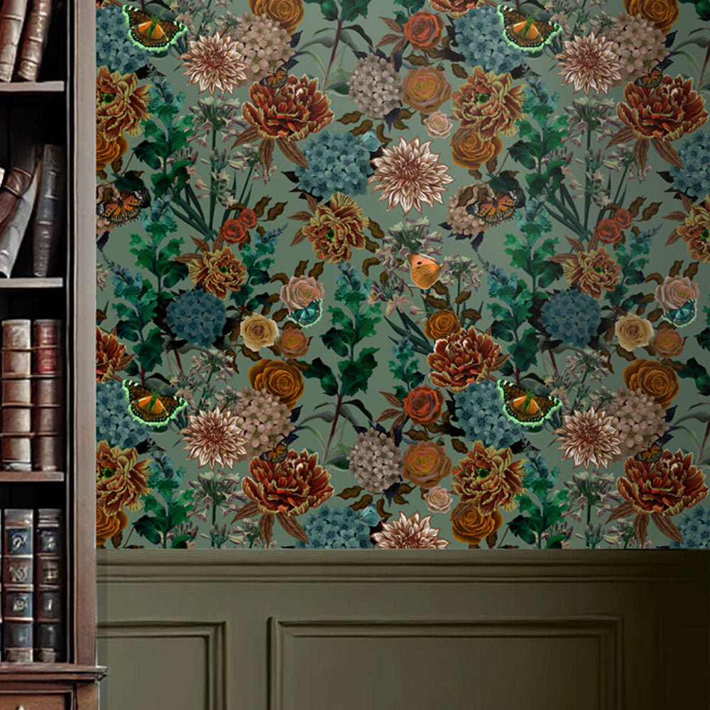 Sage Green Heavy Floral Luxury Wallpaper