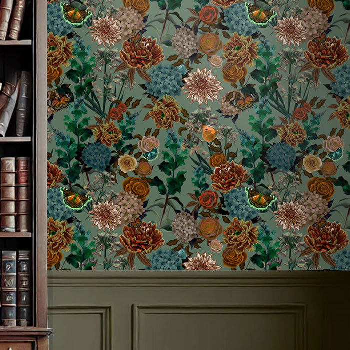 Sage Green Heavy Floral Luxury Wallpaper