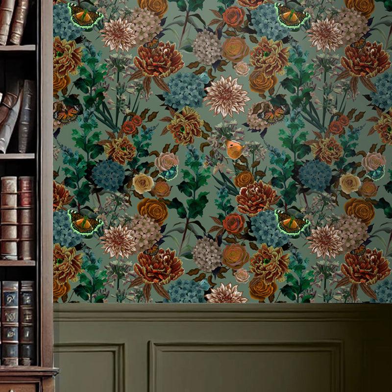 Sage Green Heavy Floral Luxury Wallpaper