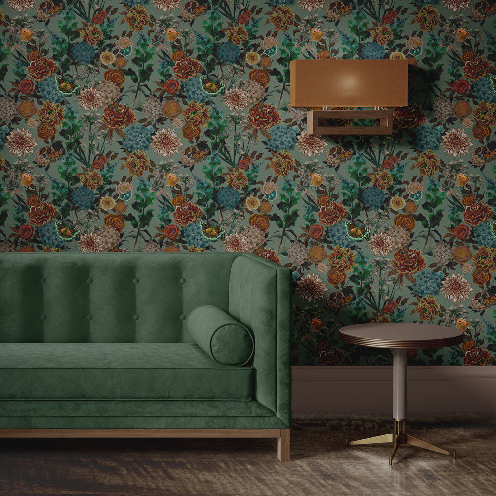 Sage Green Heavy Floral Vintage Style Wallpaper