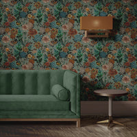 Sage Green Heavy Floral Vintage Style Wallpaper