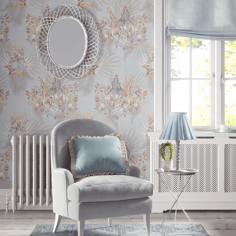 Soft Blue Luxury Designer Wallpaper with African Animals Print