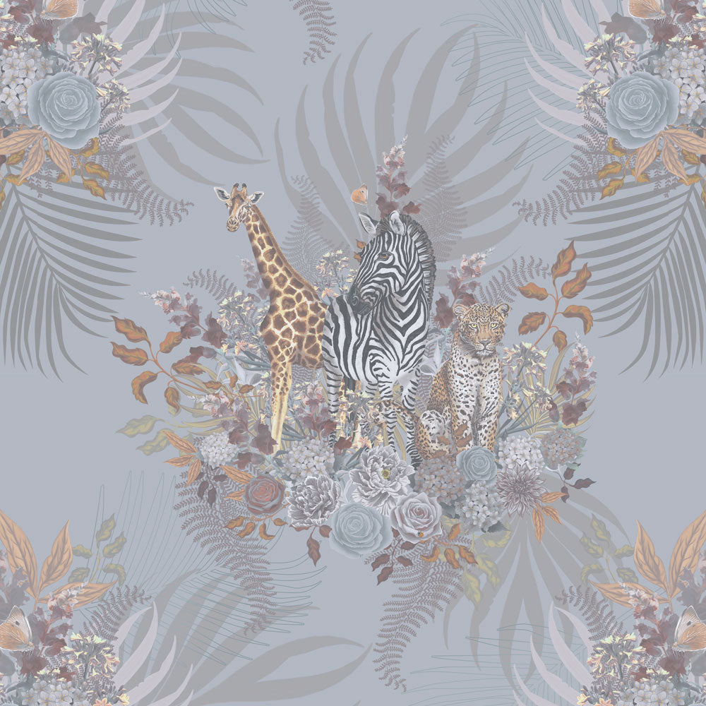 Soft Blue Elegant African Animals Patterned Wallpaper by UK Designer, Becca Who
