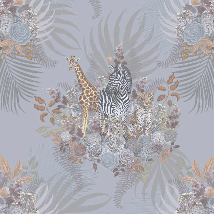 Soft Blue Elegant African Animals Patterned Wallpaper by UK Designer, Becca Who