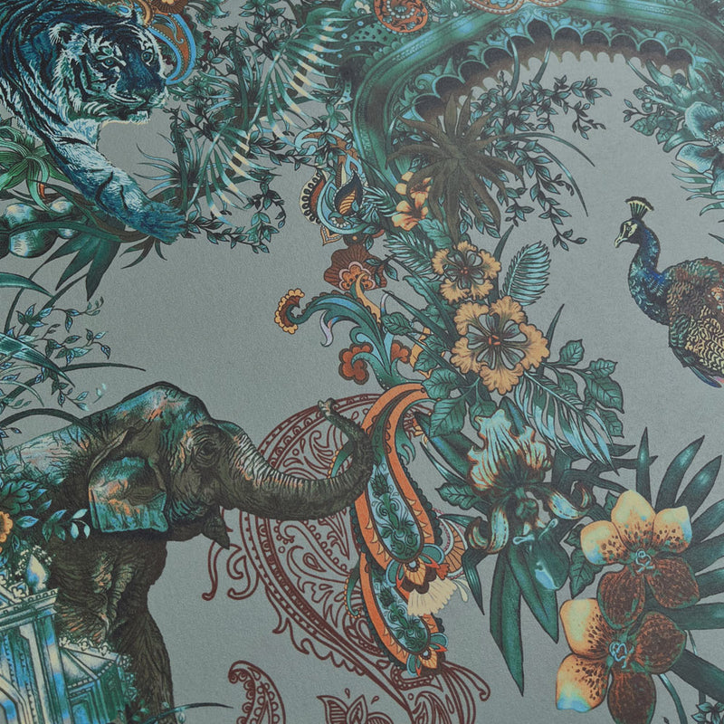 Designer Wallpaper in Jade Green with Indian Pattern by Designer, Becca Who