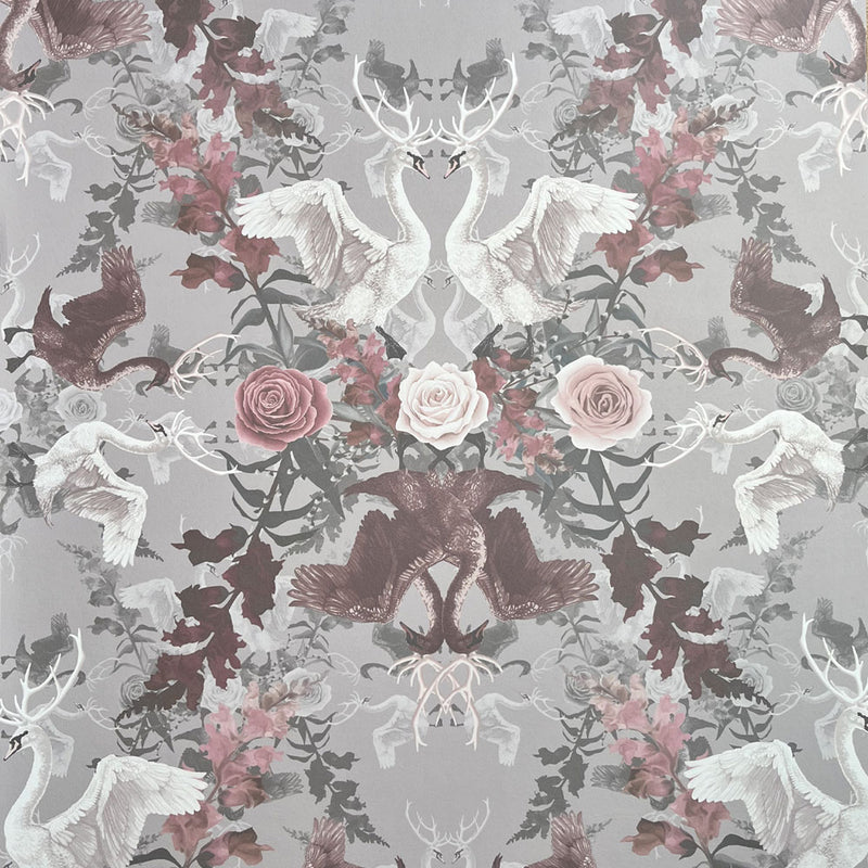 Pink & Grey Floral Luxury Wallpaper with Swans by Designer Becca Who