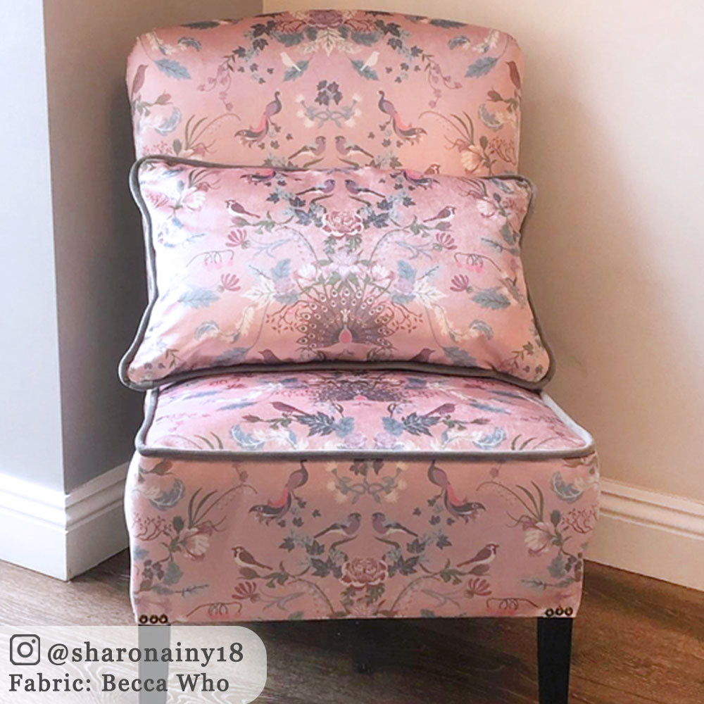 Soft Pink Patterned Velvet Upholstery Fabric by Designer, Becca Who, on Chair