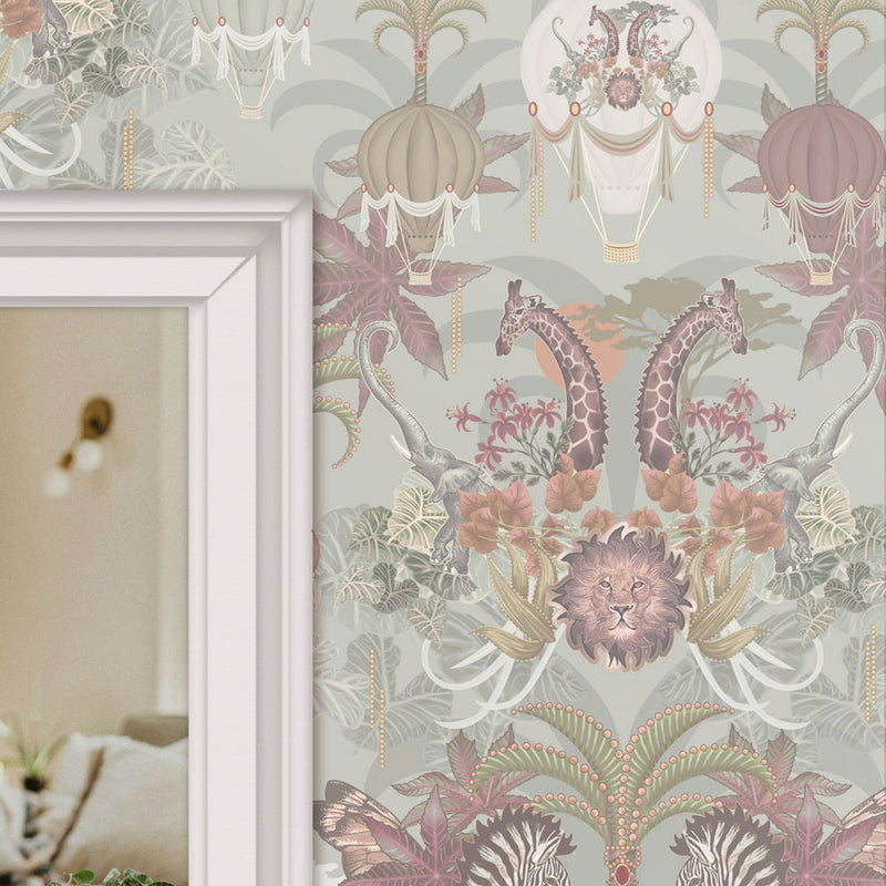 Pale Green Luxury Statement Wallpaper with African Animals by Designer, Becca Who