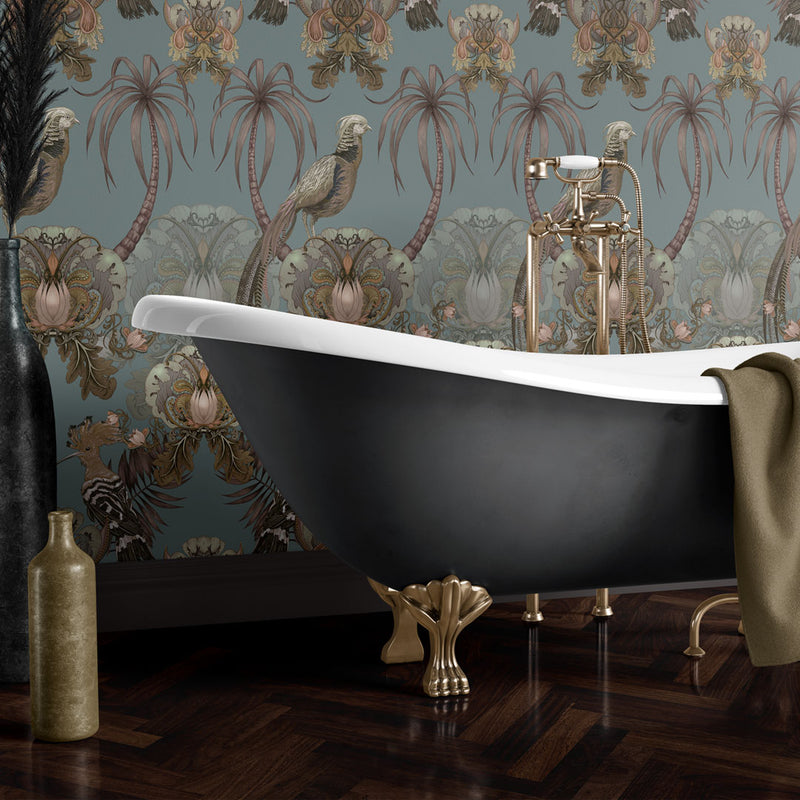 Luxury Bold Statement Wallpaper for Interiors in Blue & Peach by UK Designer, Becca Who