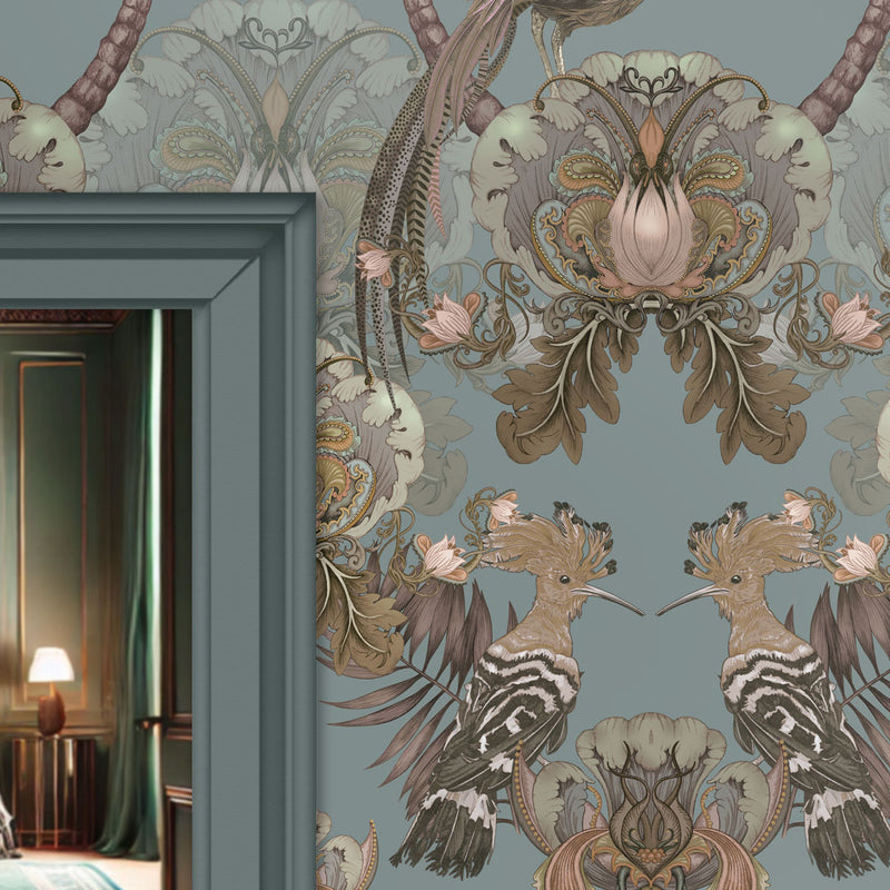 Soft Blue & Peach Statement Wallpaper for Interiors by UK Designer, Becca Who