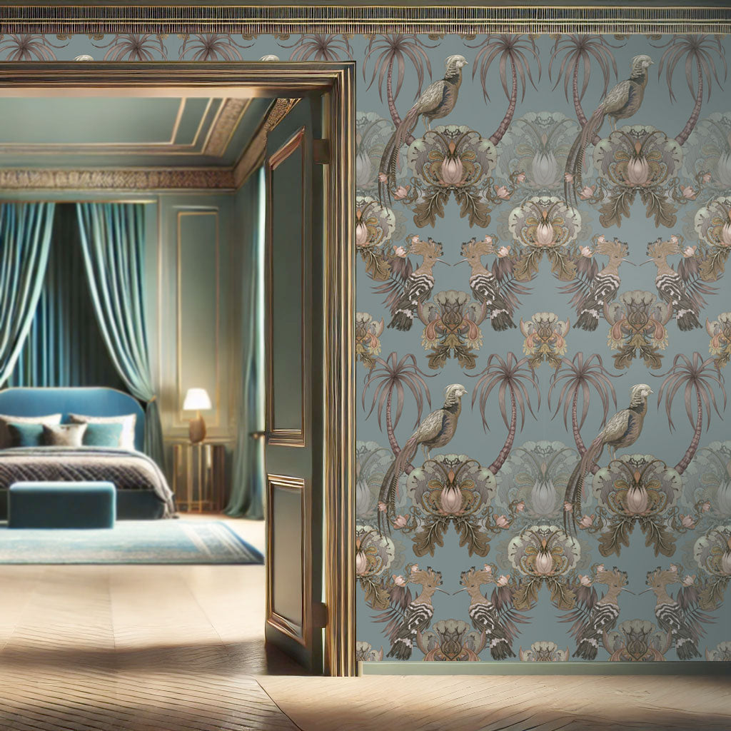 Luxury Bold Statement Wallpaper for Home & Commercial Interiors in Blue & Peach by UK Designer, Becca Who