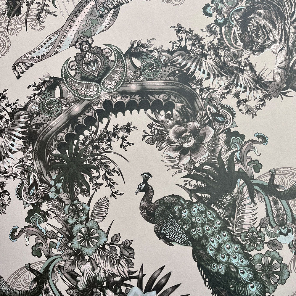 Grey Silver Statement Wallpaper with Indian Pattern by UK Designer Becca Who 
