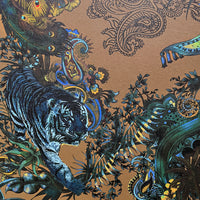 Designer Wallpaper with Indian Pattern and Tigers in Mustard Yellow by Designer, Becca Who