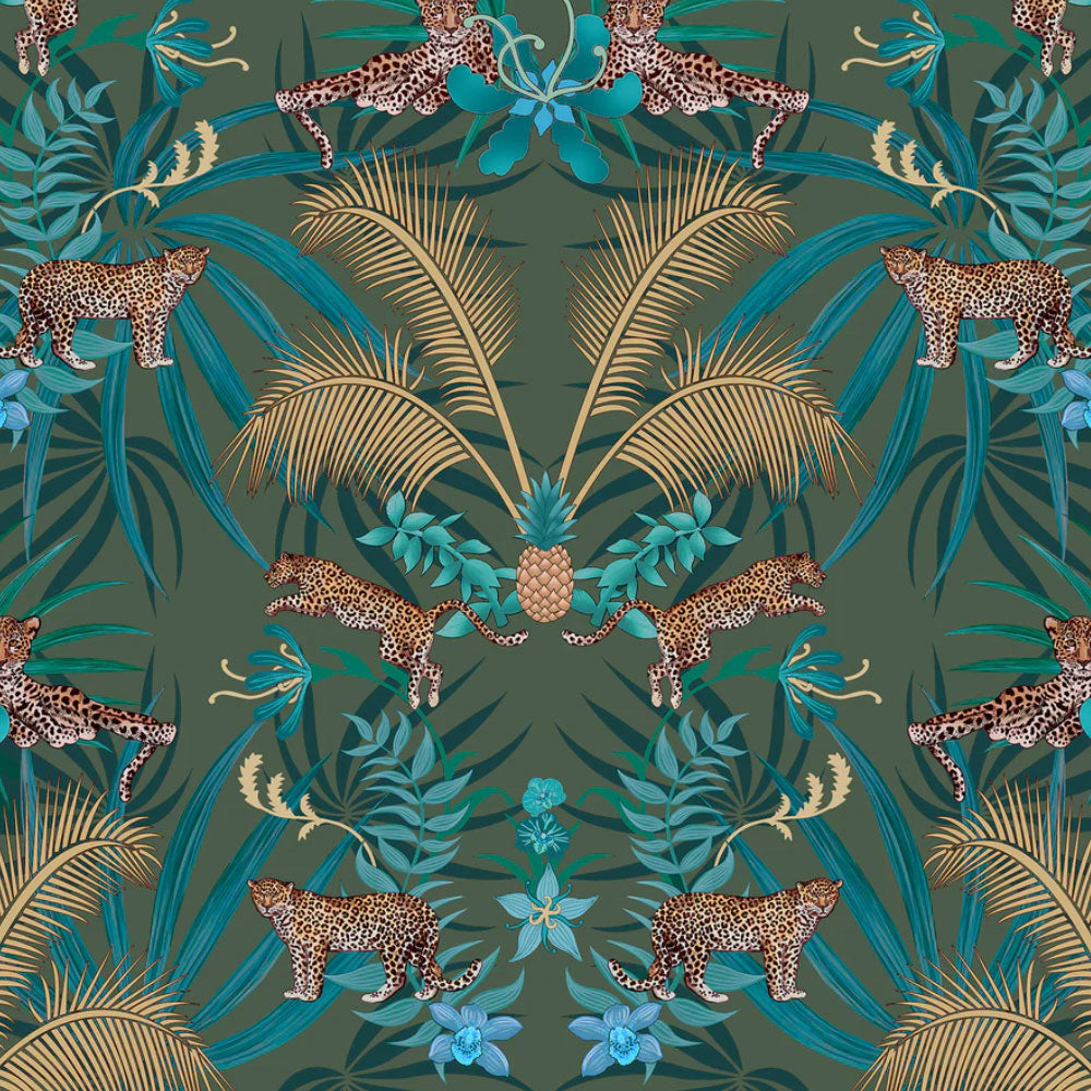 Wallpaper with Leopards in Green & Gold by Becca Who