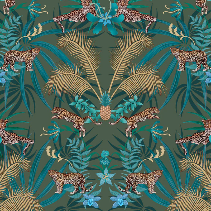 Wallpaper with Leopards in Green & Gold by Becca Who