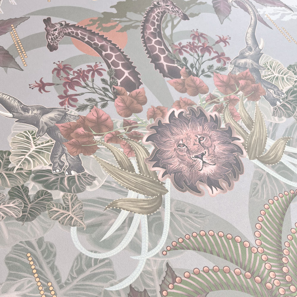 Statement Wallpaper with African Animals in Pale Green by Designer, Becca Who