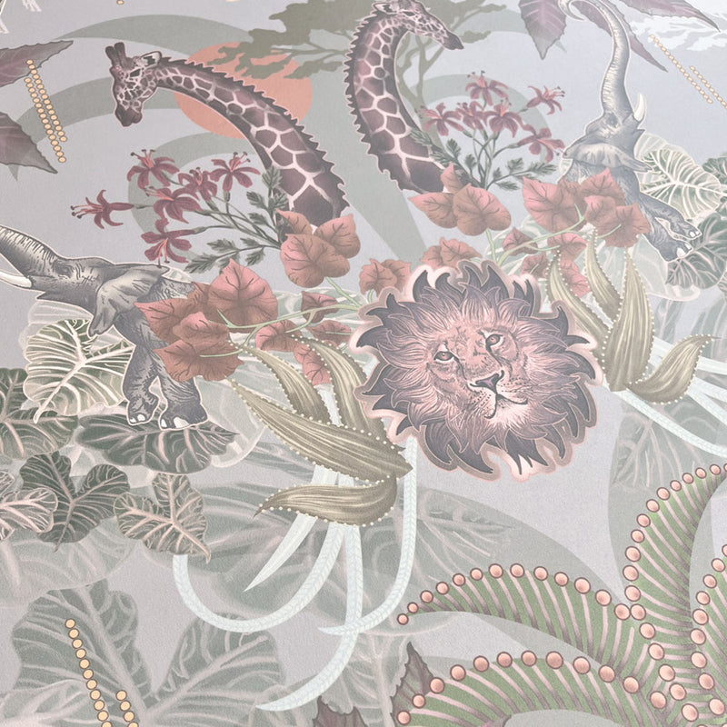 Statement Wallpaper with African Animals in Pale Green by Designer, Becca Who