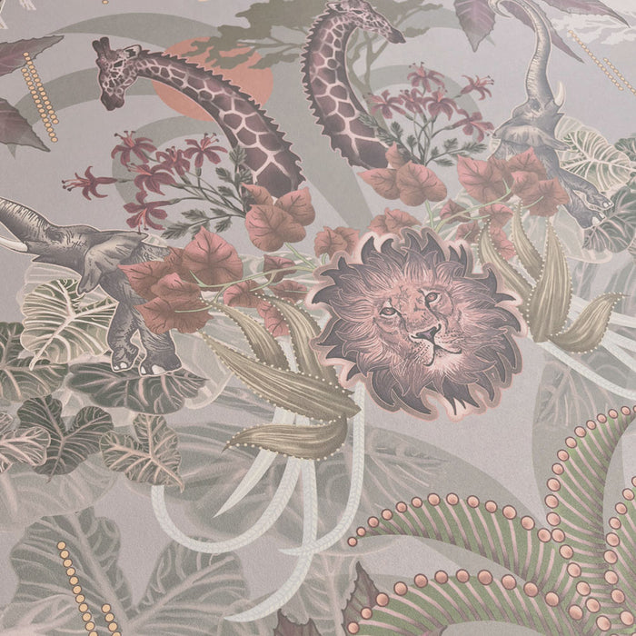 Statement Wallpaper with African Animals in Pale Green by Designer, Becca Who