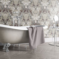 Stone Neutral Patterned Wallpaper in Bathroom by Designer, Becca Who