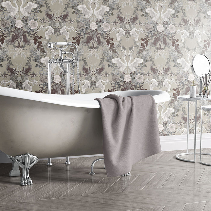 Stone Neutral Patterned Wallpaper in Bathroom by Designer, Becca Who