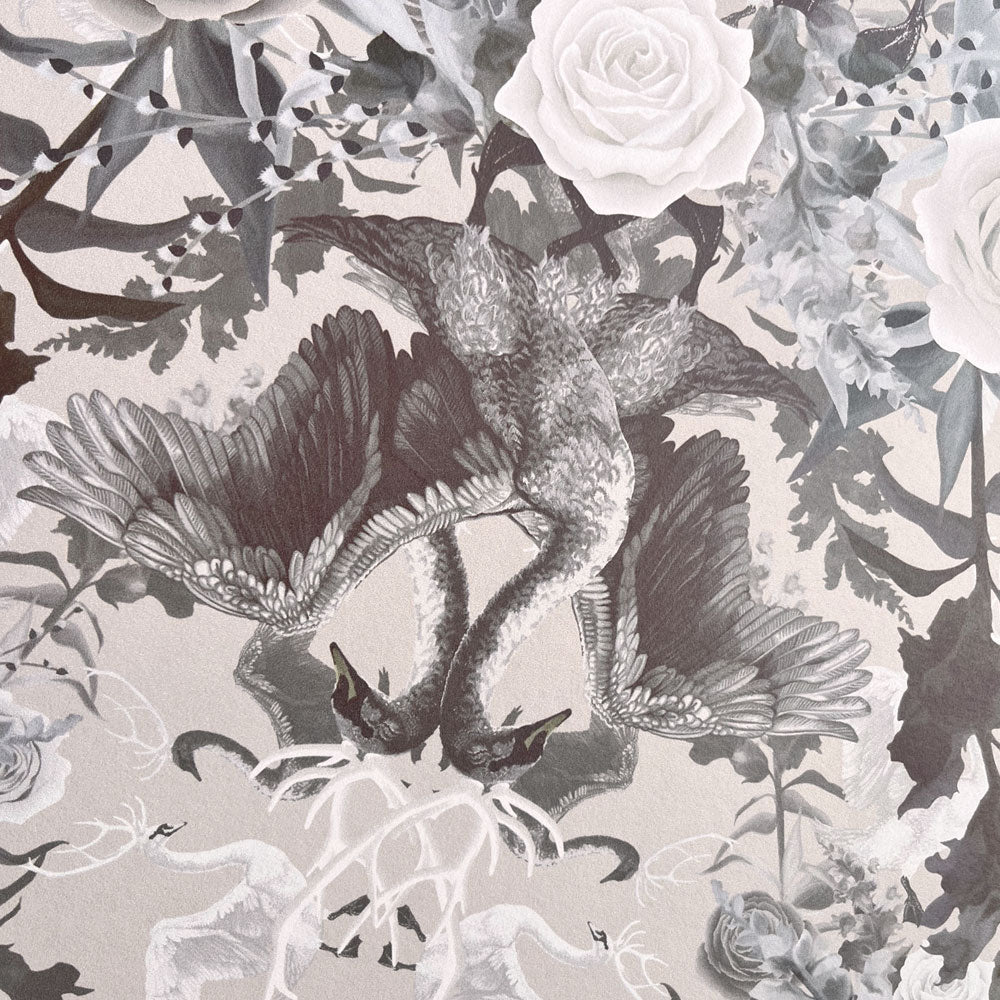 Stone Neutral Luxury Patterned Wallpaper with Swans by Designer, Becca Who