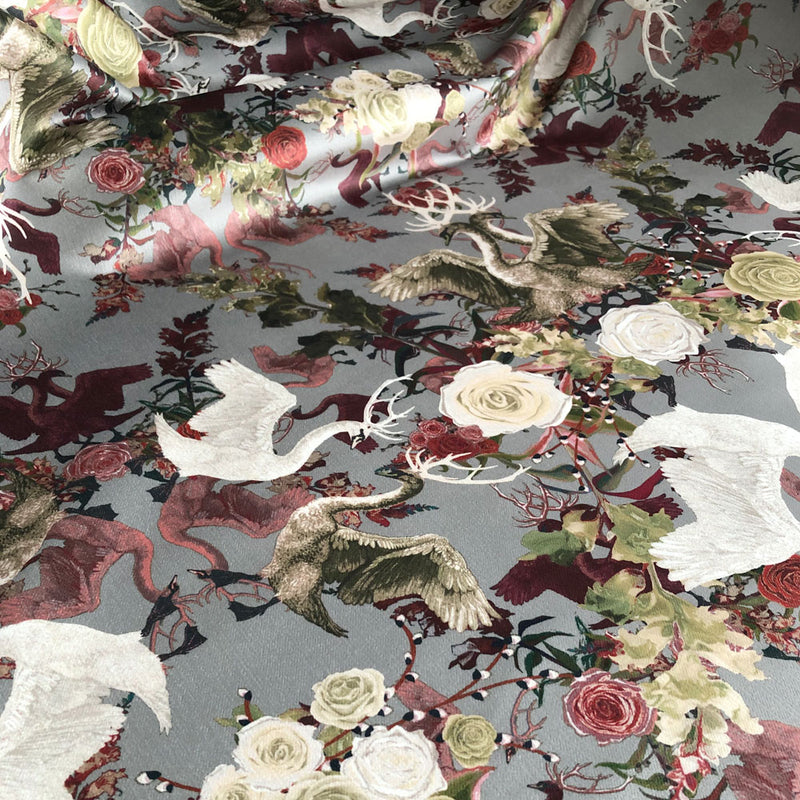 Swans Grey Patterned Velvet Fabric for Curtains by Designer, Becca Who