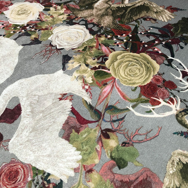 Swans Grey Patterned Velvet Fabric for Home-Interiors by Designer, Becca Who