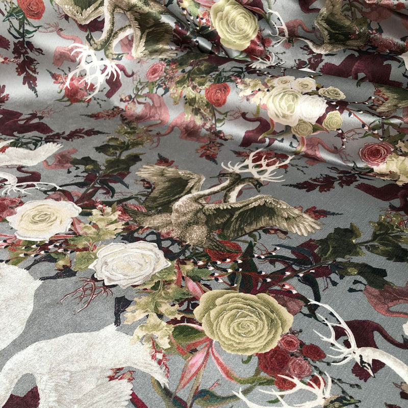 Swans Grey Patterned Velvet Fabric for Interiors by Designer, Becca Who