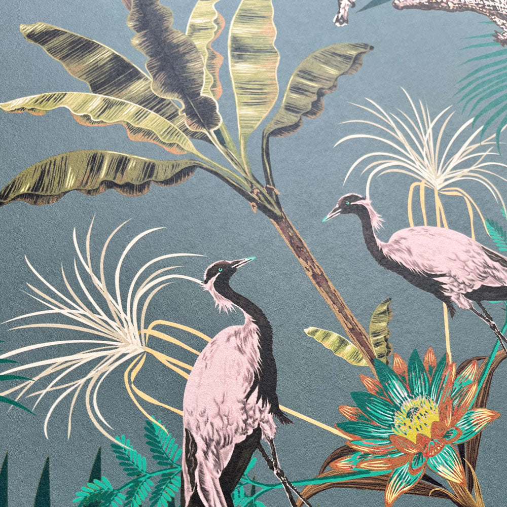 Teal Wallpaper with Crocodiles & Cranes by Designer Becca Who