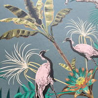 Teal Wallpaper with Crocodiles & Cranes by Designer Becca Who