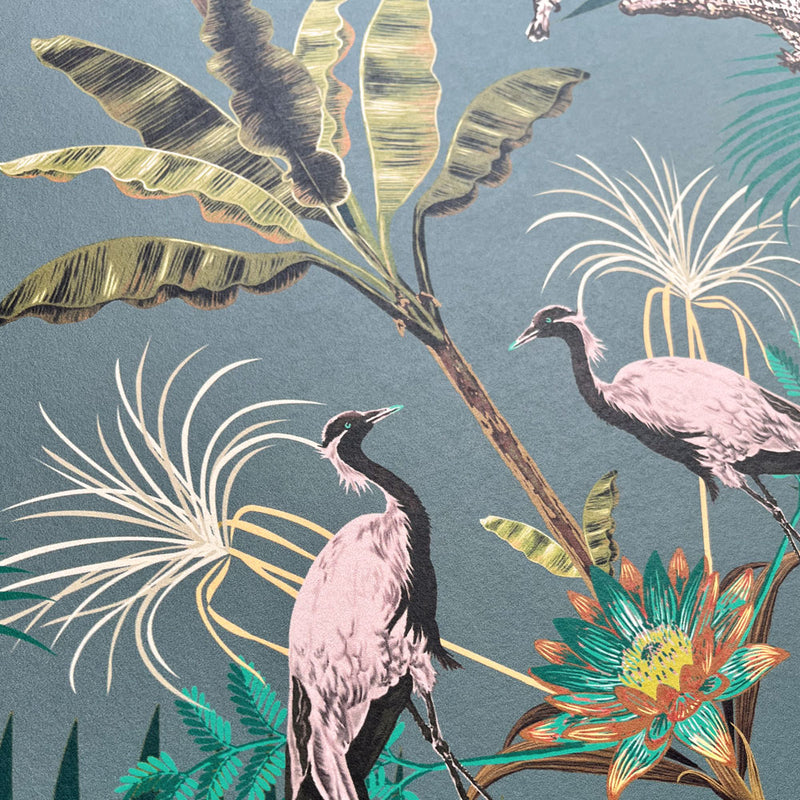 Teal Wallpaper with Crocodiles & Cranes by Designer Becca Who