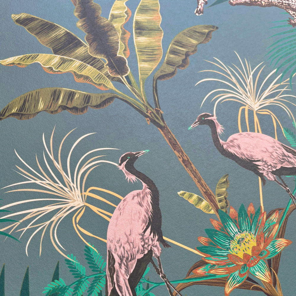 Teal Wallpaper with Crocodiles & Cranes by Designer Becca Who