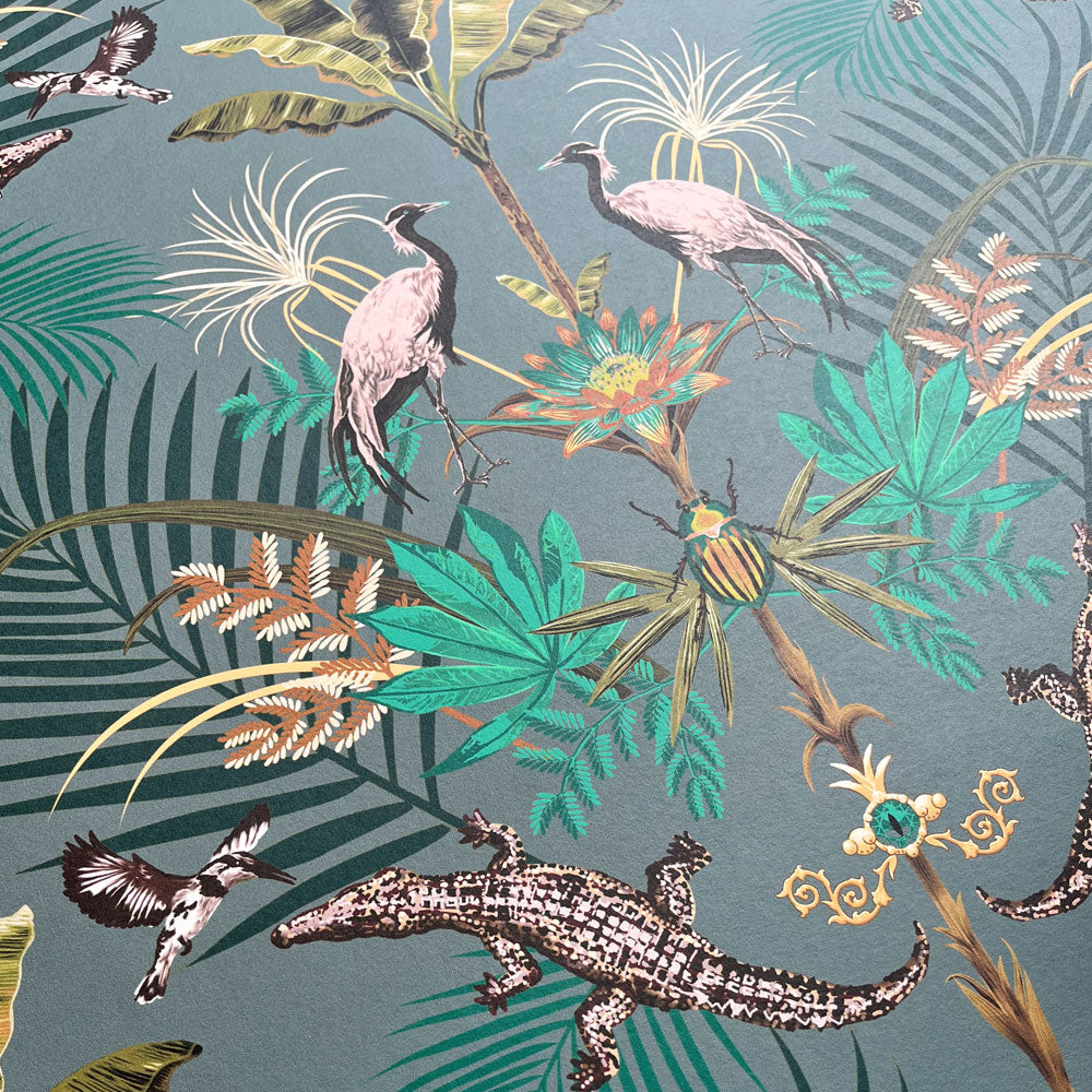 Patterned Teal Wallpaper with Crocodiles by Designer Becca Who