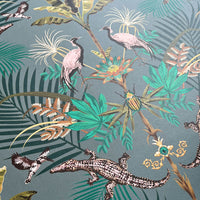 Patterned Teal Wallpaper with Crocodiles by Designer Becca Who
