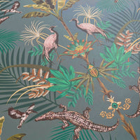 Patterned Teal Wallpaper with Crocodiles by Designer Becca Who